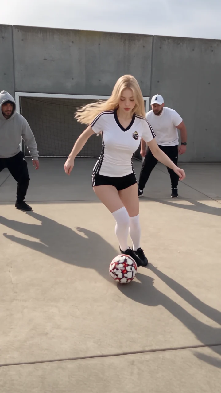 Chloe taking on challengers on a concrete football court